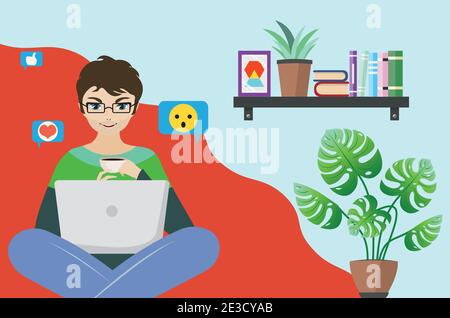 Cartoon man work on a laptop, distant learning, work, or chatting online in social media, concept illustration. Stock Vector
