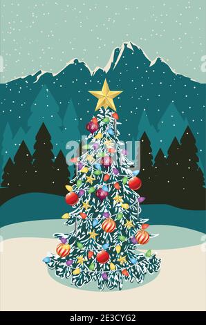 Cartoon evergreen tree with Christmas decorations in the forest, greeting card design. Stock Vector