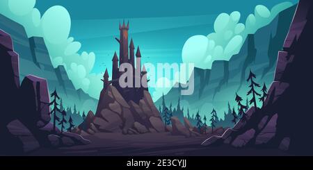 Creepy castle on rock at night, haunted gothic palace in mountains, building with pointed tower roofs, glowing windows and bats flying in dark sky. Fantasy Dracula home, Cartoon vector illustration Stock Vector