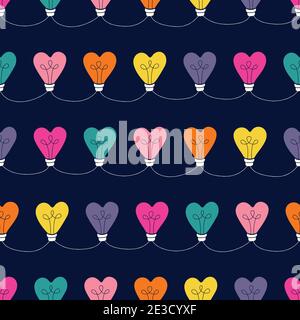 Multi-colored Valentine's Day Holiday Intertwined Heart Shape String Lights on Dark Background Vector Seamless Pattern Stock Vector