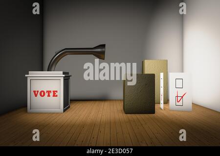 Ballot box looking with flashlight vote demonstrating Searching for votes concept. 3D illustration