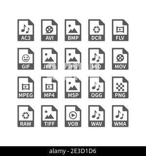 File type vector icons for media files. Avi, Mp3, music and video, picture formats buttons. Stock Vector