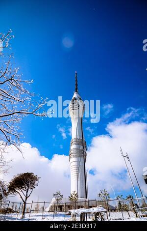 Camlica TV-Radio Tower in winter. Kucuk Camlica Television Tower in Istanbul. Camlica Broadcast Tower. Modern Architecture. Stock Photo