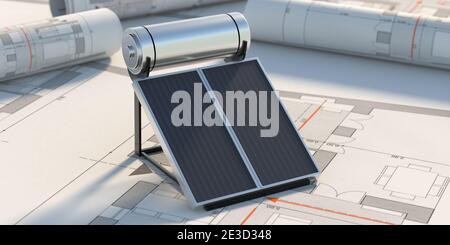 Solar water heating system on project blueprint background. Renewable energy source design and construction concept. 3d illustration Stock Photo