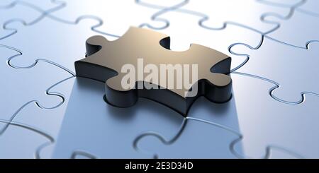 Puzzle jigsaw last piece black color on white background. One tile out, fit in, problem solved concept, business presentation. 3d illustration Stock Photo