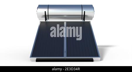 Solar water heating system isolated against white background. Panels, boiler heater collector, renewable energy source concept. 3d illustration Stock Photo