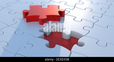 Jigsaw puzzle one tile out. Last piece red color to finish the game, fit in, solution concept, business presentation. 3d illustration Stock Photo