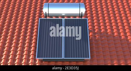 Solar water heating system on red tiles roof background. Panels, boiler heater collector, house renewable energy source concept. 3d illustration Stock Photo