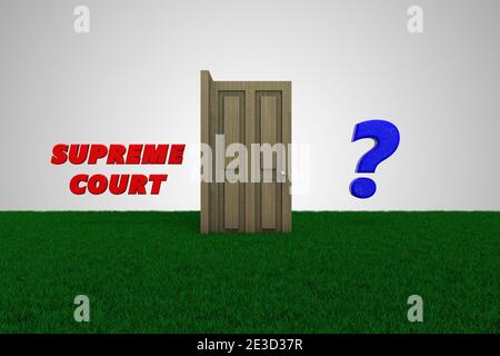 Letter Supreme court and a door with question mark demonstrating government law confusion concept. 3D illustration Stock Photo