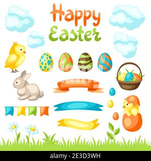 Happy Easter set of holiday items. Stock Vector