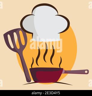 cooking chef hat spatula and saucepan in cartoon style vector illustration Stock Vector
