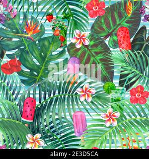 Watercolor abstract summer seamless pattern with bright green tropical plants, drinks, ice cream on teal striped background. Exotic leaves Palms, Mons Stock Photo