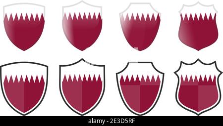 Vertical Qatar flag in shield shape, four 3d and simple versions. Stock Vector