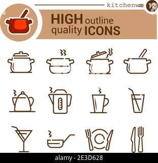 Kitchen utensils vector icons set, line style Stock Vector