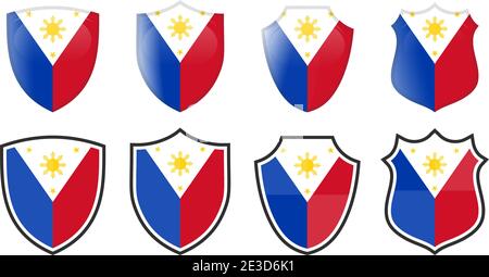 Vertical Philippines flag in shield shape, four 3d and simple versions. Filipino icon / sign Stock Vector
