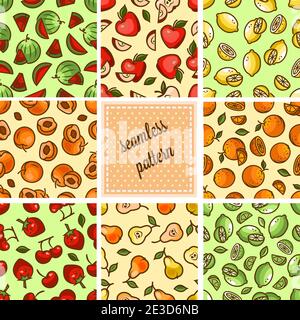Seamless fruit backgrounds set. Vector illustration. Funny fruit. Cute Seamless Patterns. Stock Vector