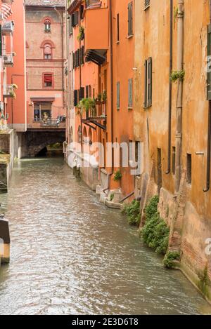 Little Venice and the Canal Reno in Bologna Italy an old canal through the middle of the city with medieval buildings Stock Photo