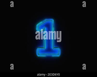 Blue - green neon light glow glassy transparent font - number 1 isolated on black dark, 3D illustration of symbols Stock Photo