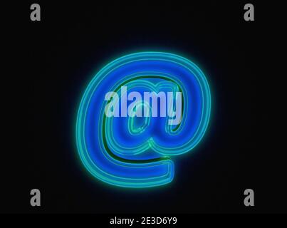 Blue - green neon light glow glass made clear font - at sign isolated on black dark, 3D illustration of symbols Stock Photo