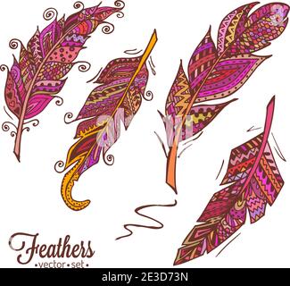 Hand drawn doodle feather collection. Vector illistration. Stock Vector