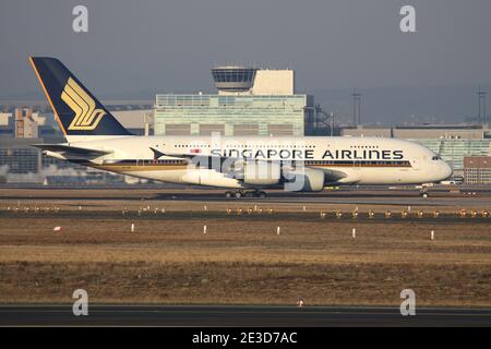 Singapore Airlines Airbus A380 with registration 9V-SKF airborne at Frankfurt Airport. Stock Photo