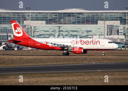German Air Berlin Airbus A320-200 with registration D-ABFP on taxiway at Frankfurt Airport. Stock Photo
