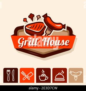 Set of badge, label, logo, icons design templates for grill menu Stock Vector
