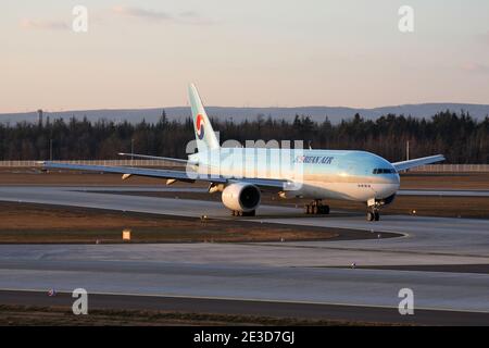 Korean Air Boeing 777-200 with registration HL7575 on taxiway at Frankfurt Airport. Stock Photo
