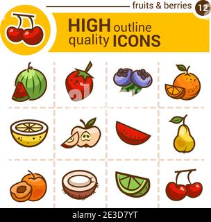Color flat stickers of fruits and berries, vector set. Stock Vector