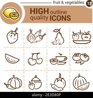 Line icon of fruit and vegetables, vector set. Stock Vector