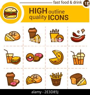 Color flat stickers and icons of fast food, vector set. Stock Vector