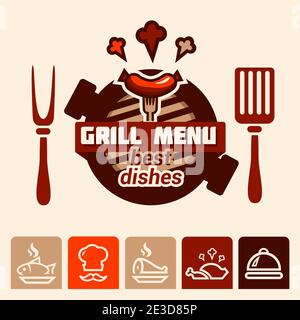 Set of badge, label, logo, icons design templates for meat store, grill menu Stock Vector