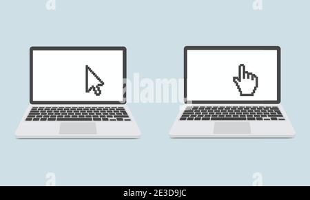 Laptop with pointer or cursor icon isolated. Notebook screen template. Stock Vector
