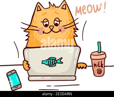 Cute cat working on notebook with milk and smart phone. Stock Vector