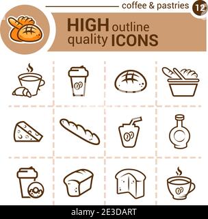 Line flat icons of coffee and pastrie, vector set. Stock Vector