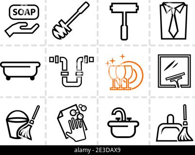 Elegant Vector Cleaning and Washing Line Icons Set. Stock Vector