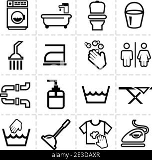 Elegant Vector Black Cleaning Line Icons Set Stock Vector