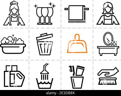 Elegant Vector Black Cleaning Line Icons Set Stock Vector