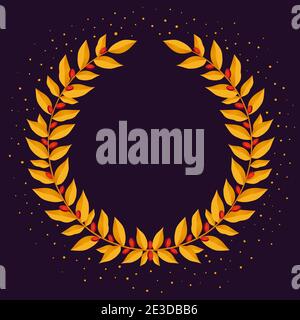 Gold laurel wreath. Vintage wreaths heraldic design elements with floral frames made up of laurel branches on dark background. Symbol of winner or Stock Vector