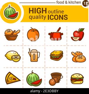 Color flat icons of food and kitchen, vector set. Stock Vector