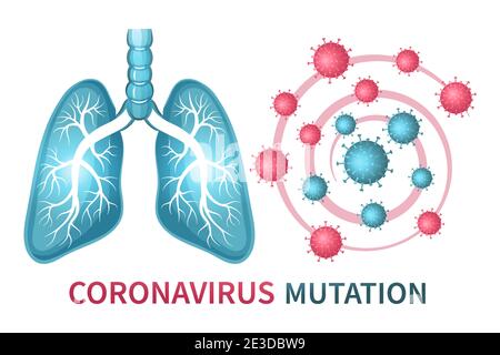 Coronavirus mutation sign. Evolution Сovid-19. Biology research mutated virus cell infect human respiratory system. Treatment pneumonia lungs. Vector Stock Vector