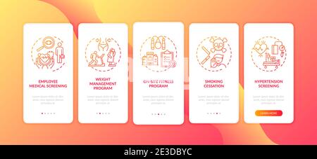 Workplace wellbeing programs onboarding mobile app page screen with concepts Stock Vector