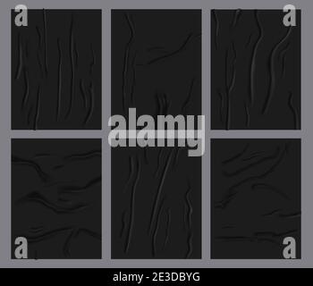 Crumpled paper sheets. Realistic glued wetness paper, black adhesive paper poster with wrinkles texture. Glued paper vector illustration set Stock Vector