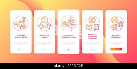 Workplace wellbeing practices onboarding mobile app page screen with concepts Stock Vector