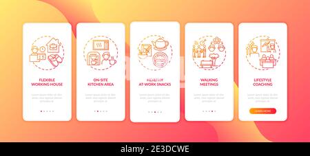 Workplace wellbeing examples onboarding mobile app page screen with concepts Stock Vector