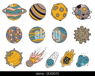 Doodle planets. Hand drawn universe planets and meteorites, cute solar system bodies. Cosmic elements vector background illustration Stock Vector