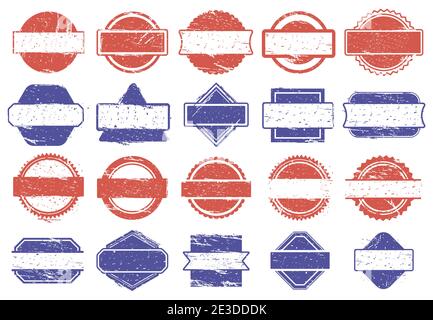 Frame stamps. Grunge texture discount badges, rubber texture framed marks. Rubber sale stamps vector illustration set Stock Vector