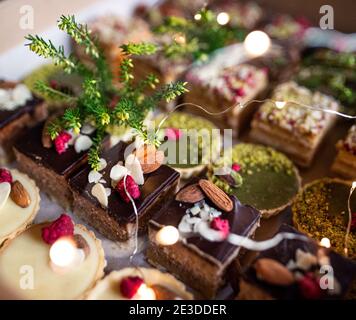Selection of colorful and delicious cake desserts, close-up. Stock Photo