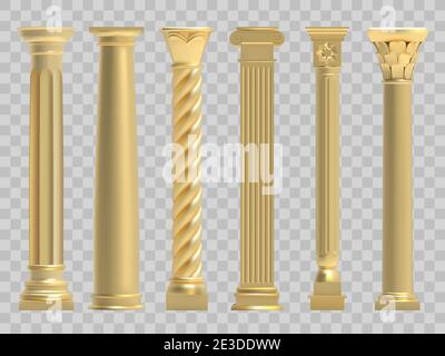 Ancient columns. Realistic golden greek ancient column, classic historic columns. Antique architectural gold pillars vector illustration set Stock Vector