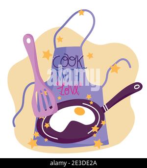 cooking apron spatula and fried egg saucepan in cartoon style lettering vector illustration Stock Vector
